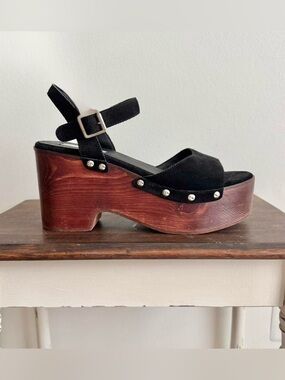Steve Madden Black Suede Wooden Size 10 clog y2k 70s boho sandal stud platform